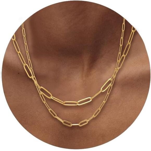 18k Gold Paperclip Chain Link Necklace Dainty Paperclip Link - Picture 1 of 8